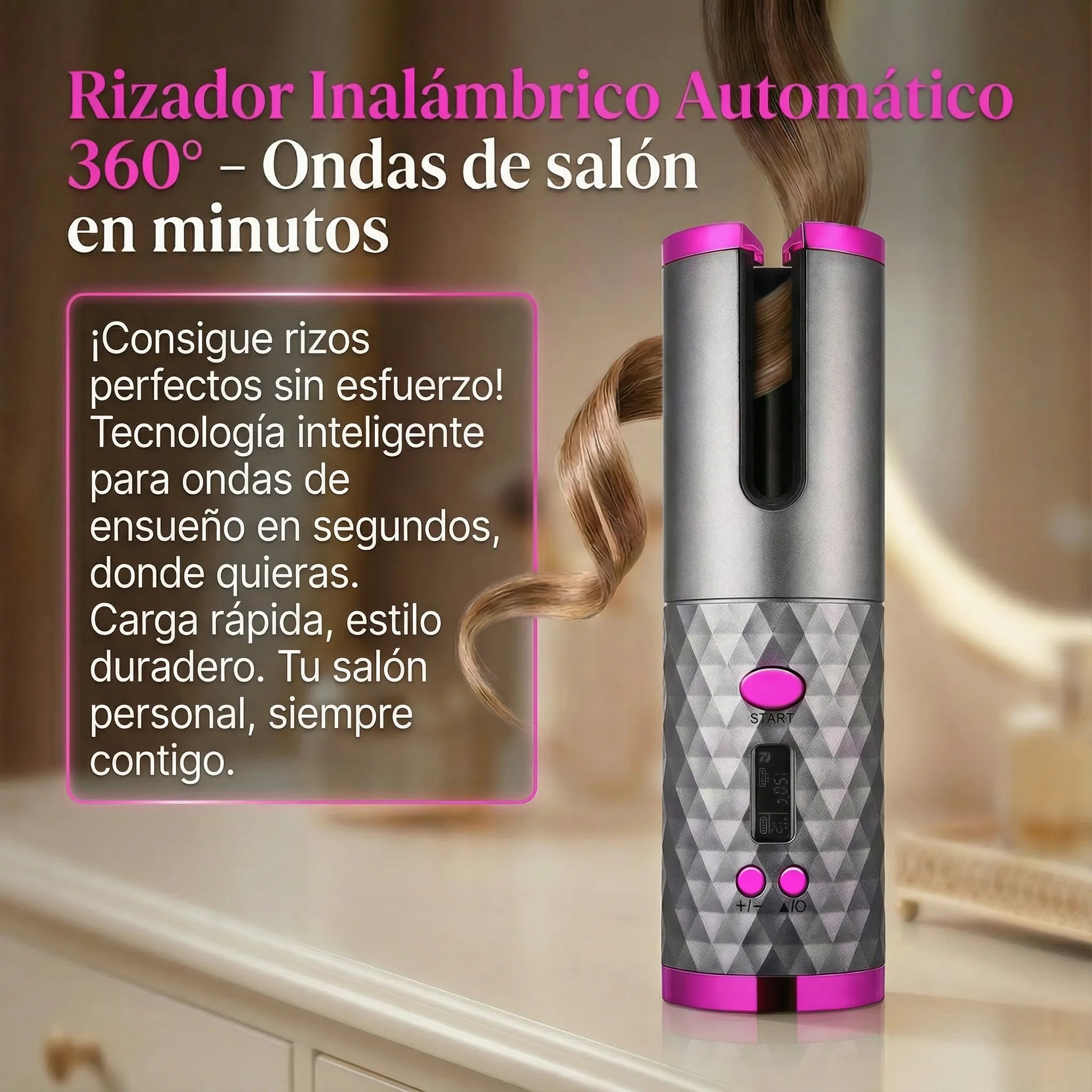 Rizador Inalámbrico Automático 360° – Ondas de salón en minutos